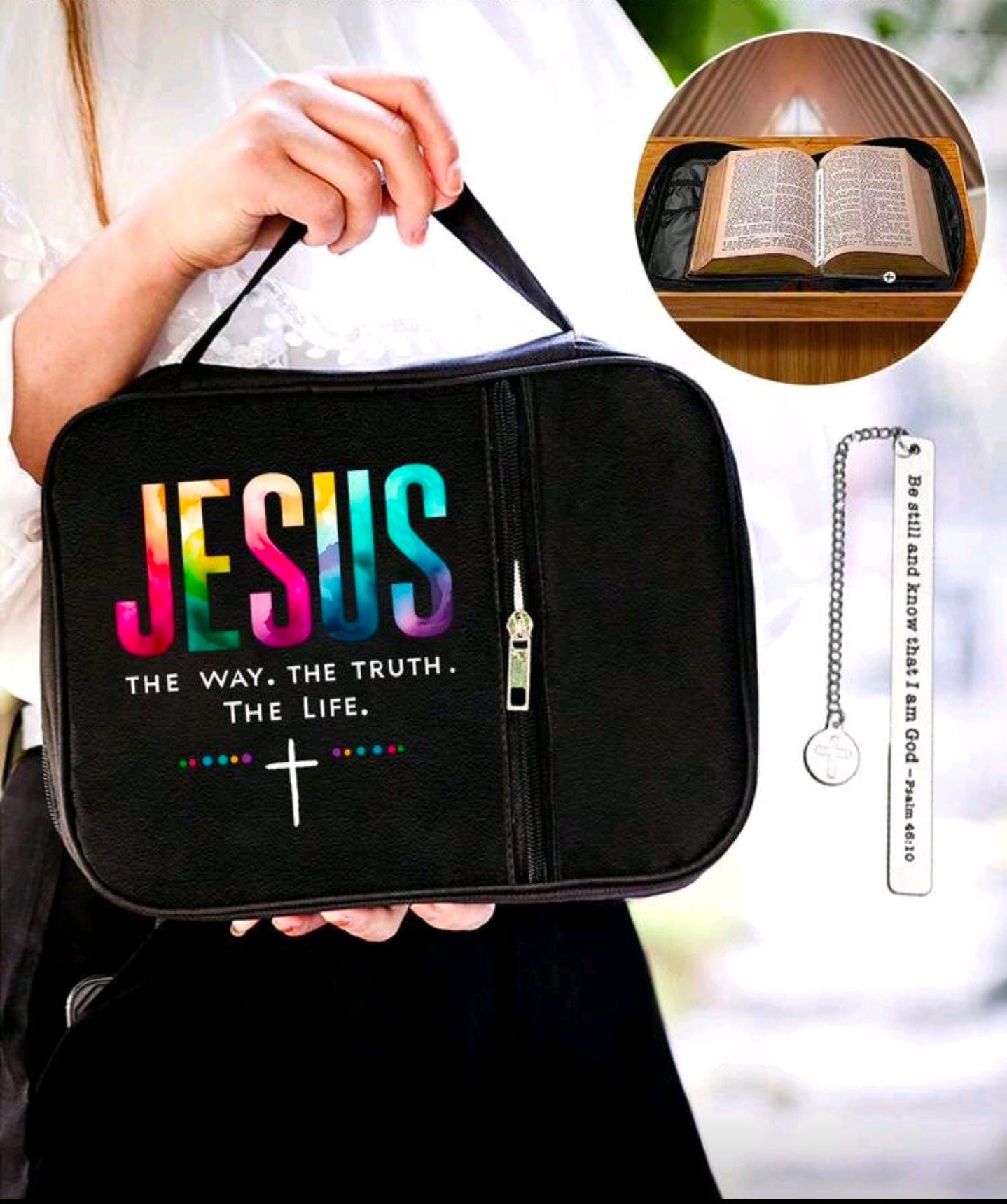 Bible Bag Cross Jesus Printed and 1pc Stainless Steel Bookmark